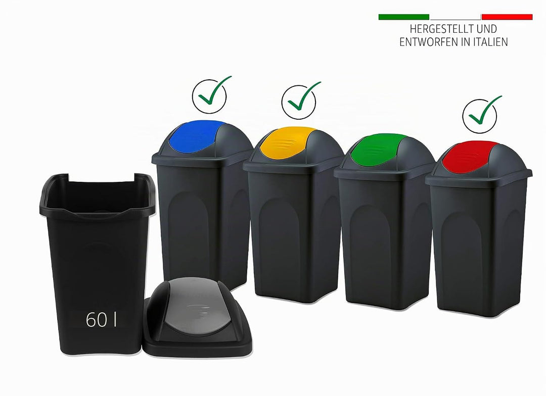 BigDean 3x Mülleimer gross 60L - schwarz - mit Schwingdeckel gelb, rot &amp; blau - aus Kunststoff - Mül