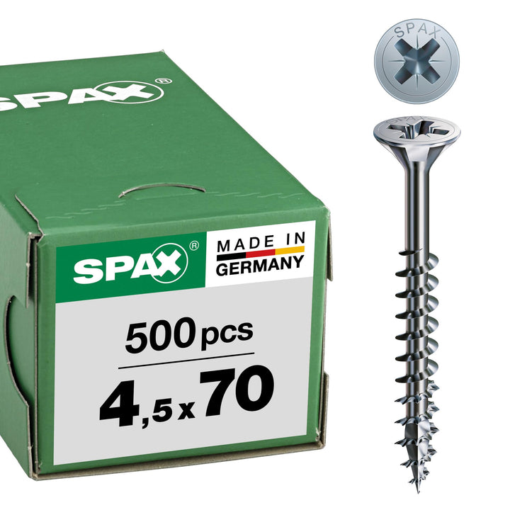 SPAX Universalschraube, 4,5 x 70 mm, 500 Stück, Kreuzschlitz Z2, Senkkopf, Teilgewinde, 4CUT, WIROX