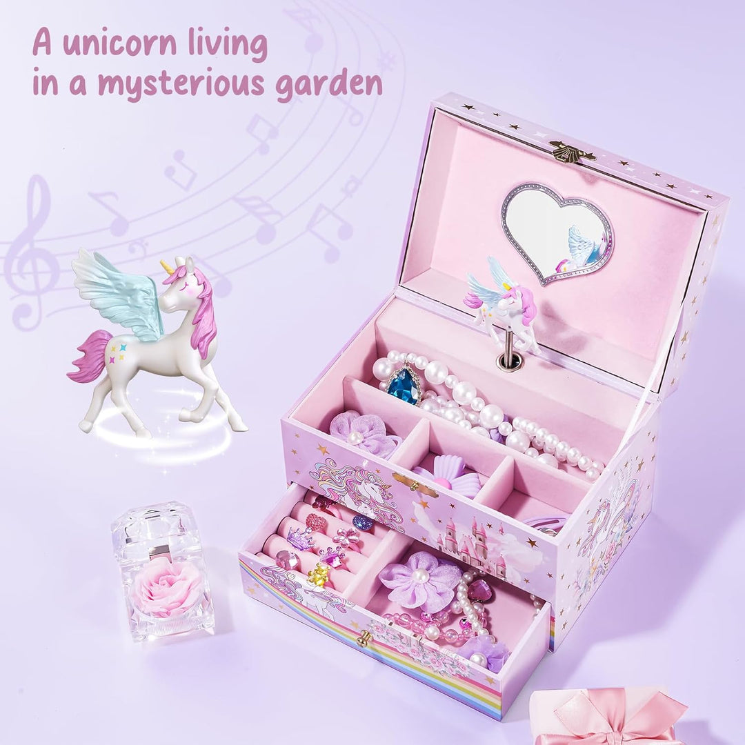 ProCase Kinder Musik Box Schmuckkästchen mit Spieluhr Einhorn & Konservierte Blumen, Schmuckschatull