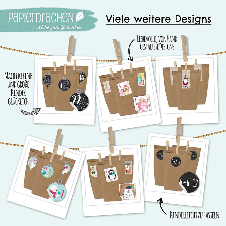 Papierdrachen Adventskalender zum Befüllen - 24 Geschenktüten und 24 Zahlenaufkleber und Klammern -