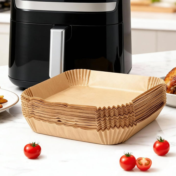 BYKITCHEN 200 Stück Backpapier Airfryer für 8L-12L Heissluftfritteuse, 25cm, Antihaft Eckig Hitzebes