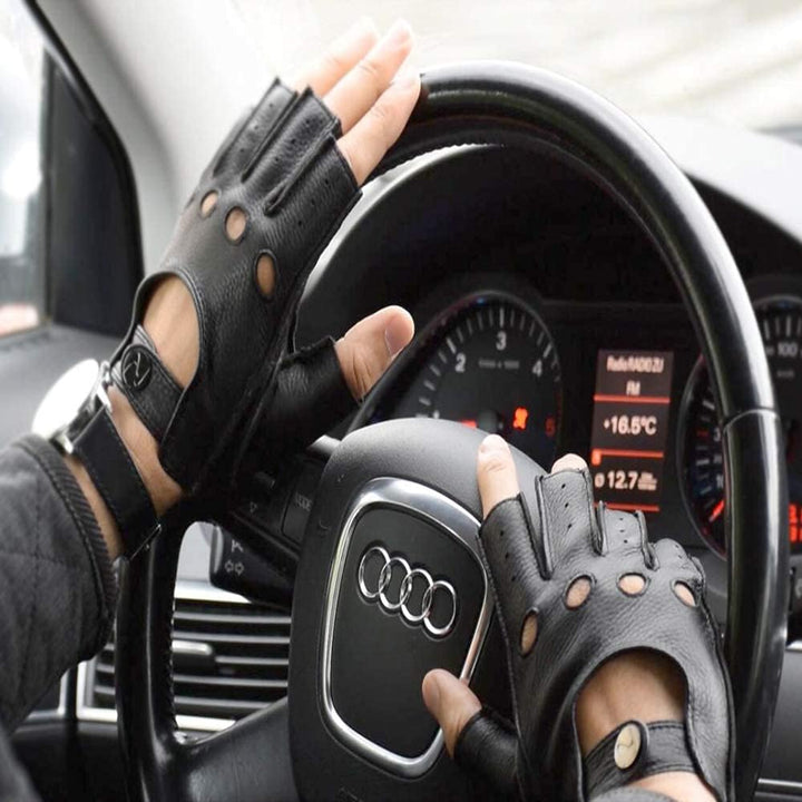 NOVBJECT Herren Fingerlose Lederhandschuhe Hirschleder Halber Finger Ungefüttert Motorrad Outdoor Au
