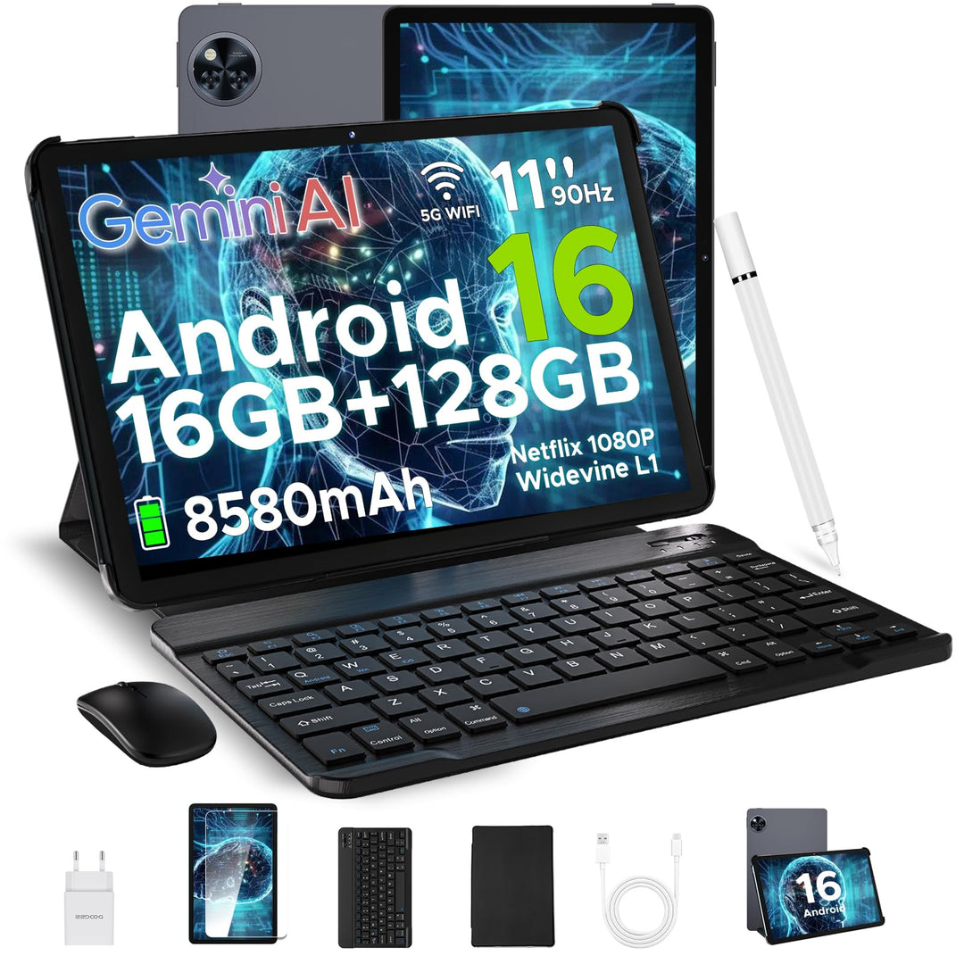 U11 Android 16 AI Tablet 11 Zoll, 16GB+128GB (2TB TF) Gaming Tablets, T7200 Octa Core, 8580mAh, Gemi