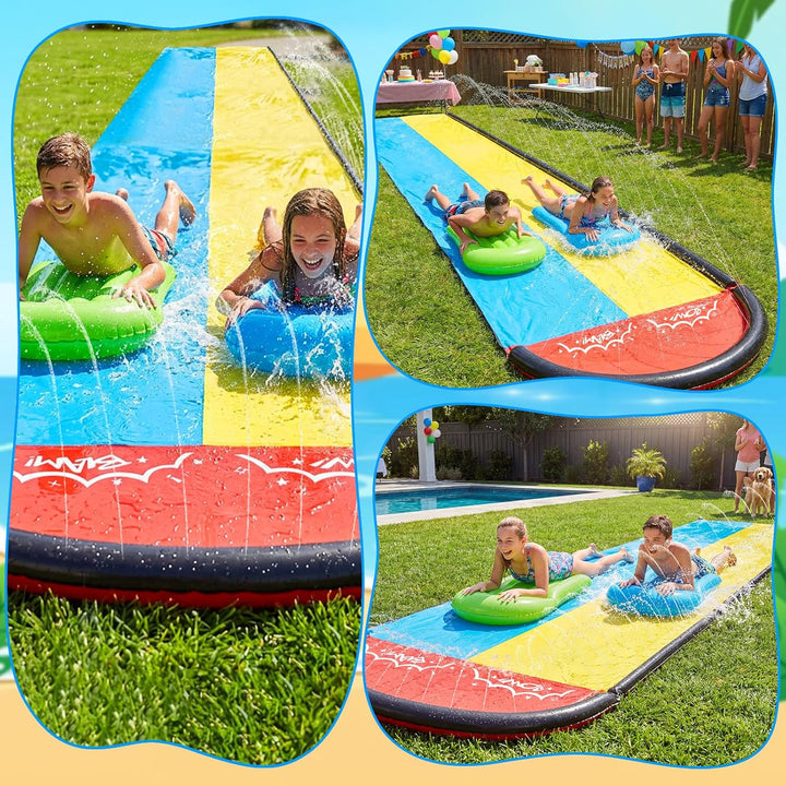 Mineup Wasserrutsche Garten, 480 x 140cm Wasserrutschmatte mit 2 Bodyboards, Doppelrutsche mit Einge