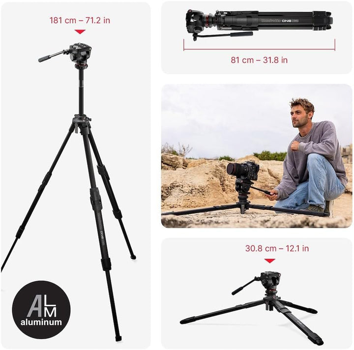 Manfrotto 500X Fluid Videokopf mit ONE Hybrid Aluminium Stativ – Foto &amp; Video Stativ Kit, 5kg Tragla