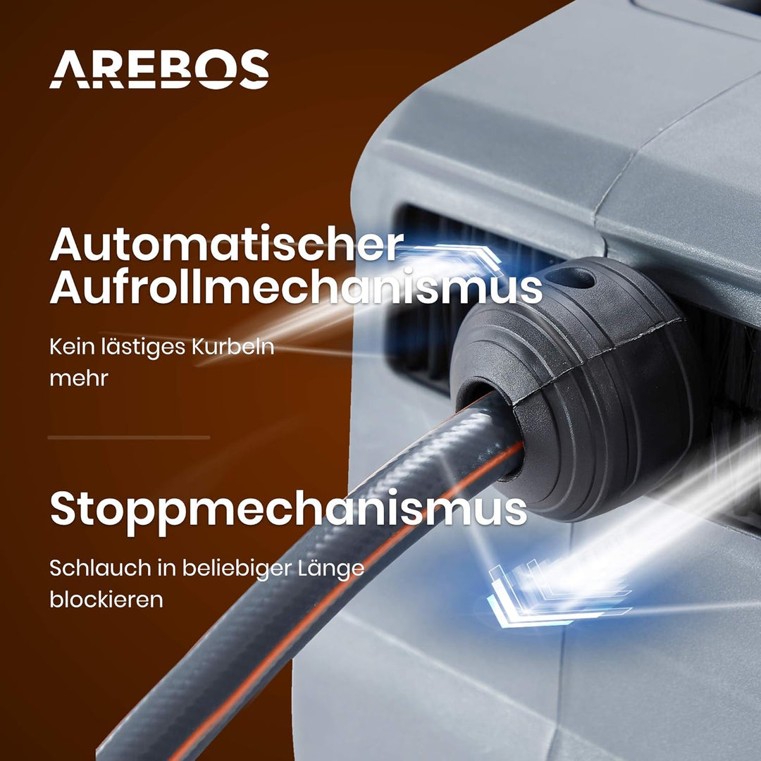 Arebos Schlauchaufroller | 30 m Schlauchtrommel | Wand-Schlauchbox mit Arretierstop & 9 Sprühunktion