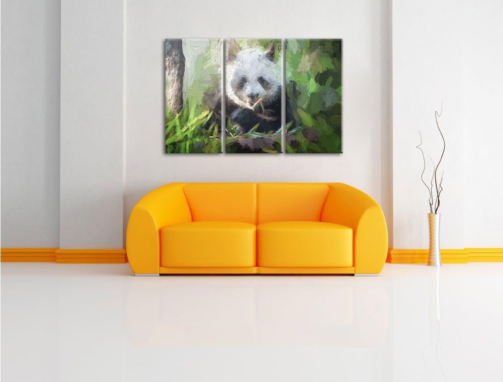 Pixxprint Niedlicher Panda isst Bambus Kunst Pinsel Effekt 3-Teiler Leinwandbild 120x80 Bild auf Lei