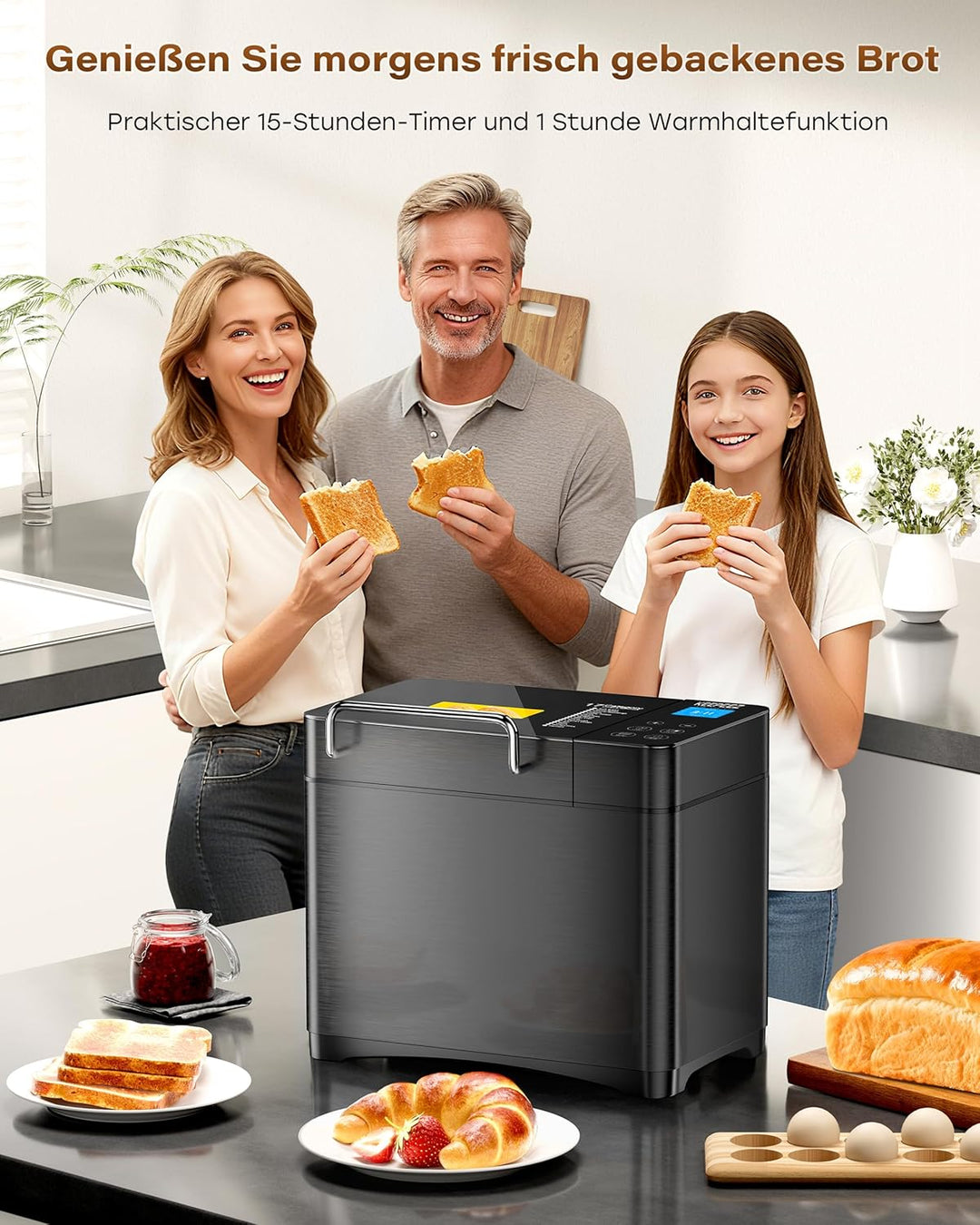 Premium 710W Konvektions-Brotbackautomat mit Gesundem Keramik-Backform, 17-in-1 Edelstahl Brotmaschi