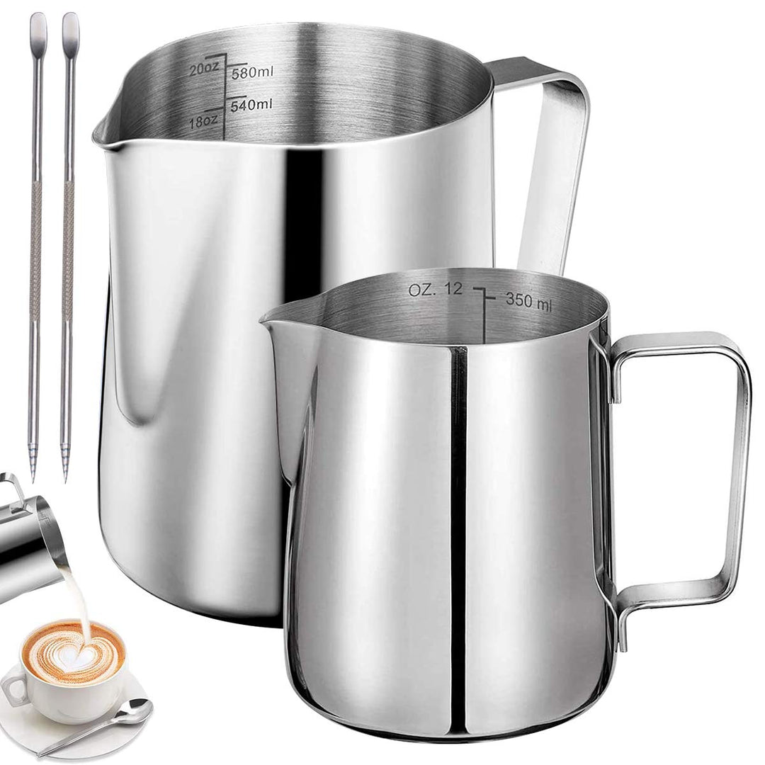 Milchkännchen Edelstahl,Tianher 2 Stück Aufschäumer Kännchen 350 ml 600ml Milchkanne aus Edelstahl M