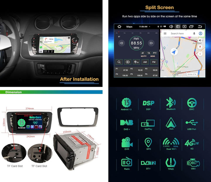 Erisin 8-Core Android 10 Autoradio für Seat Ibiza mit GPS Navigationsgerät, Multimedia, DVD-Player,