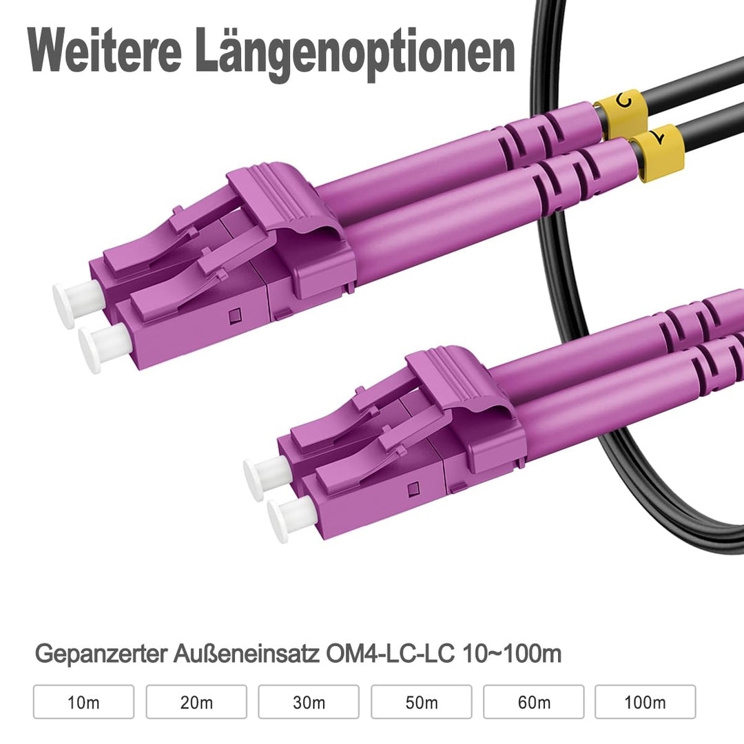 10m Gepanzerte Glasfaser-Kabel OM4 LC auf LC Duplex Multimode, LWL-Kabel für den Innen- und Aussenbe
