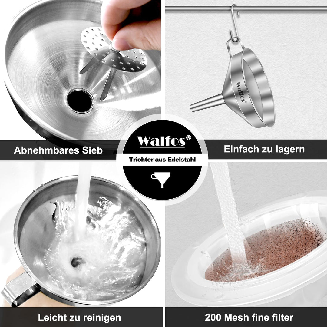 Walfos Trichter aus Edelstahl und 200 Mesh Filter Jam Straining mit 2 abnehmbaren Sieben ＆ 1Pc Reini