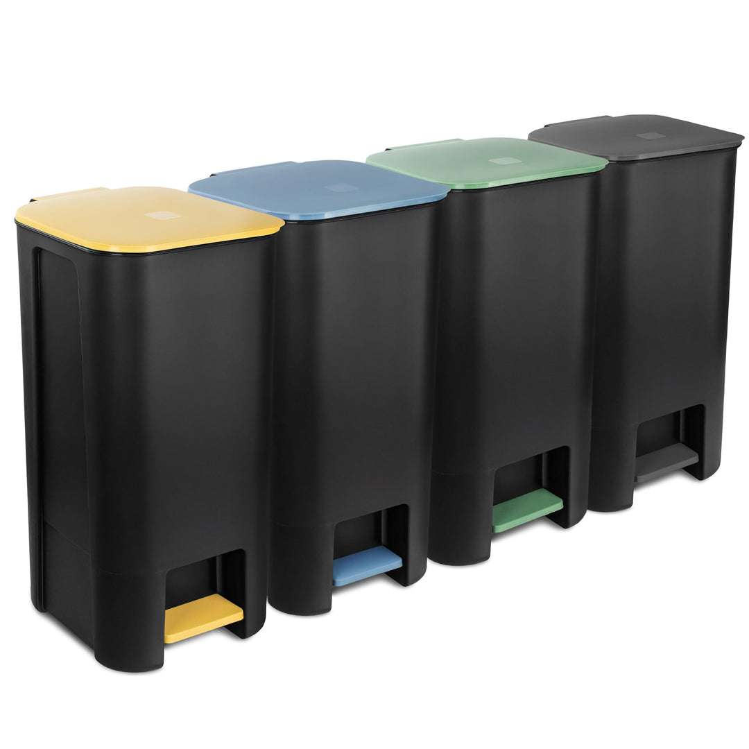 Treteimer Set 4x 40L, Tretmülleimer mit Pedal, Gelb, Grün, Blau, Schwarz Mülleimer, Mülltrennsystem
