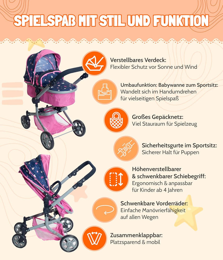Bayer Chic 2000 595-33 Puppenwagen Mika, 2in1 Kombipuppenwagen für Kinder von 4 bis 8 Jahren, Butter