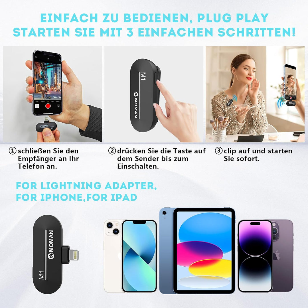 Moman Kabellos Mikrofon Handy Ansteckmikrofon für iPhone, Wireless Lavalier Mikrofon Lightning2.4GHz