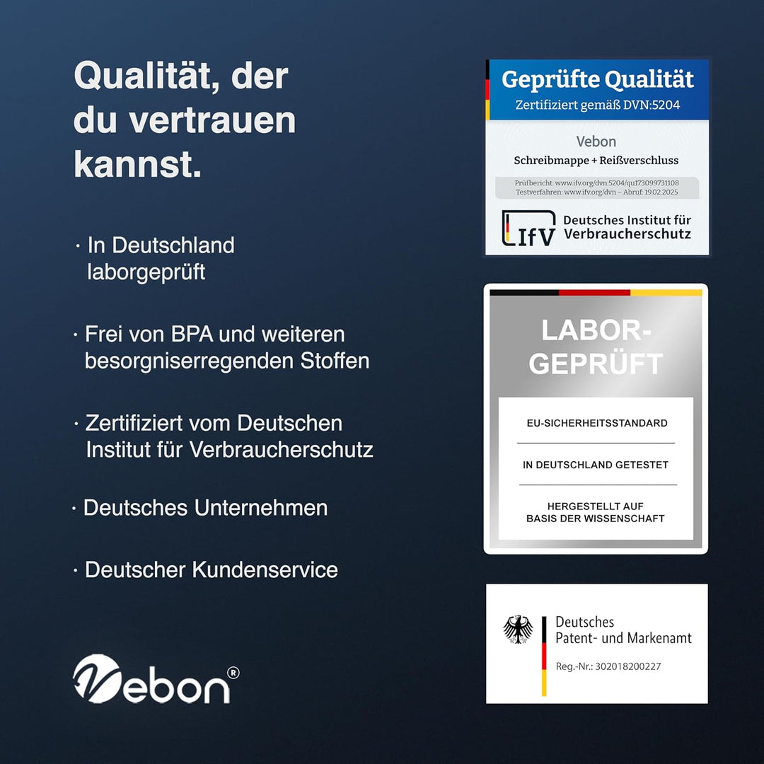 Vebon® Schreibmappe A4 gross New York I Veganes Leder, Reissverschluss + Klemmbrett I Konferenzmappe