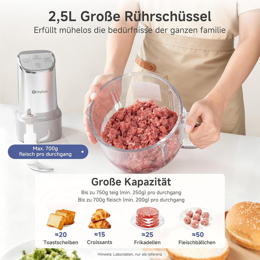 SIMPLUS Universalzerkleinerer mit Teigknetfunktion, 300W Elektrisch, 2.5L Glasbehälter, Multifunktio