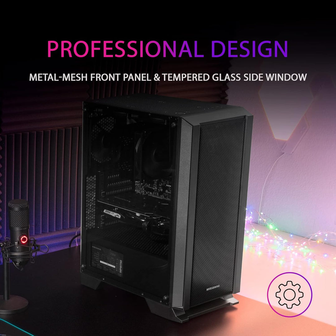 Mars Gaming MC-Master, ATX PC Gehäuse, Metall-Mesh Frontplatte, Gehärtetes Glas, 4 Ultraleise 120mm