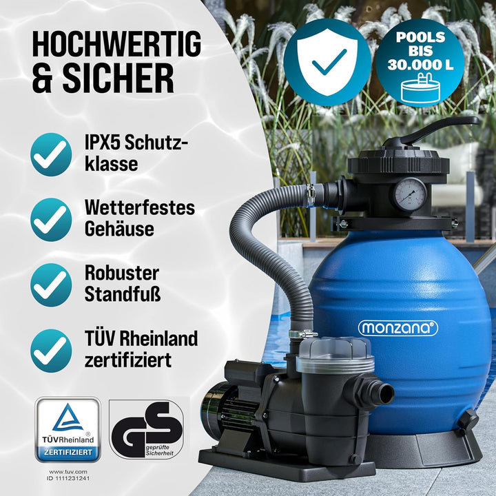 MONZANA Pool Sandfilteranlage SF96K 9600 L/h bis 30.000L | inkl. Filterglas, 7 Wege Ventil, 2in1 Ada