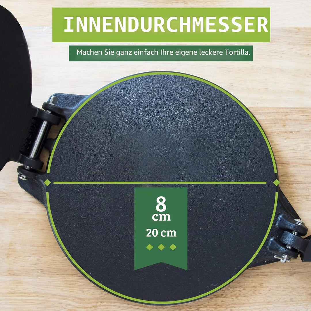 Chef Tacos Authentische Gusseisen-Tortilla-Presse, 20 Zentimeter, vorgewürzter Mais- oder Mehl-Torti