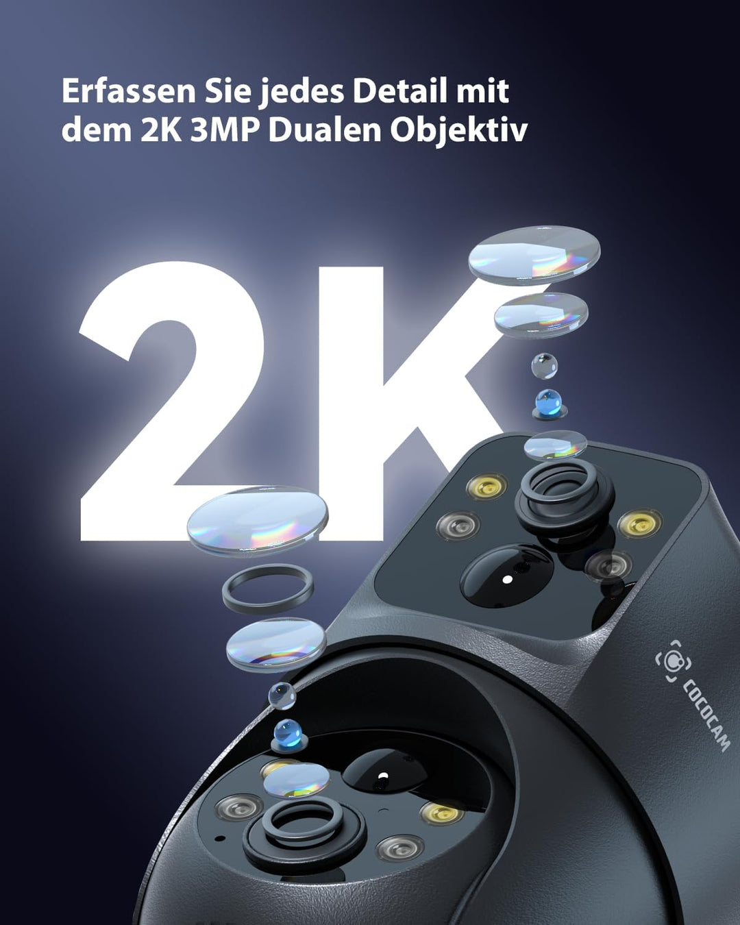 COCOCAM 2K Dual Objektiv Überwachungskamera Aussen WLAN Solar, 10000mAh Akku, 6W Solarpanel, Duale P