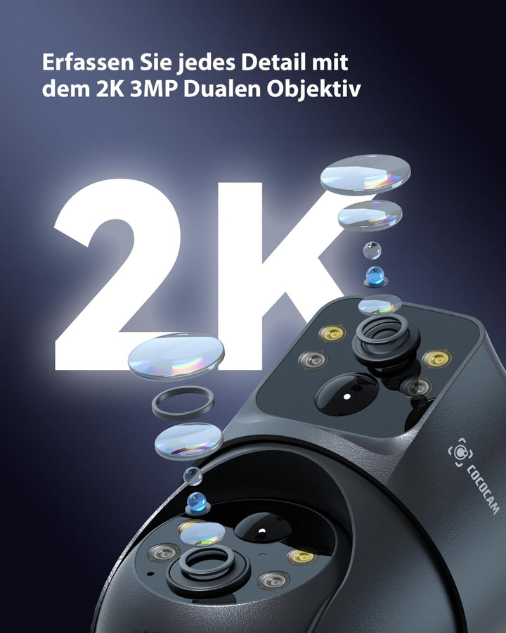 COCOCAM 2K Dual Objektiv Überwachungskamera Aussen WLAN Solar, 10000mAh Akku, 6W Solarpanel, Duale P