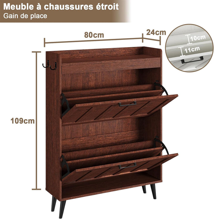 Schuhschrank Schmal mit 2 Klappschubladen, Landhausstil Schuhaufbewahrung für Flur Wohnzimmer, Kipps