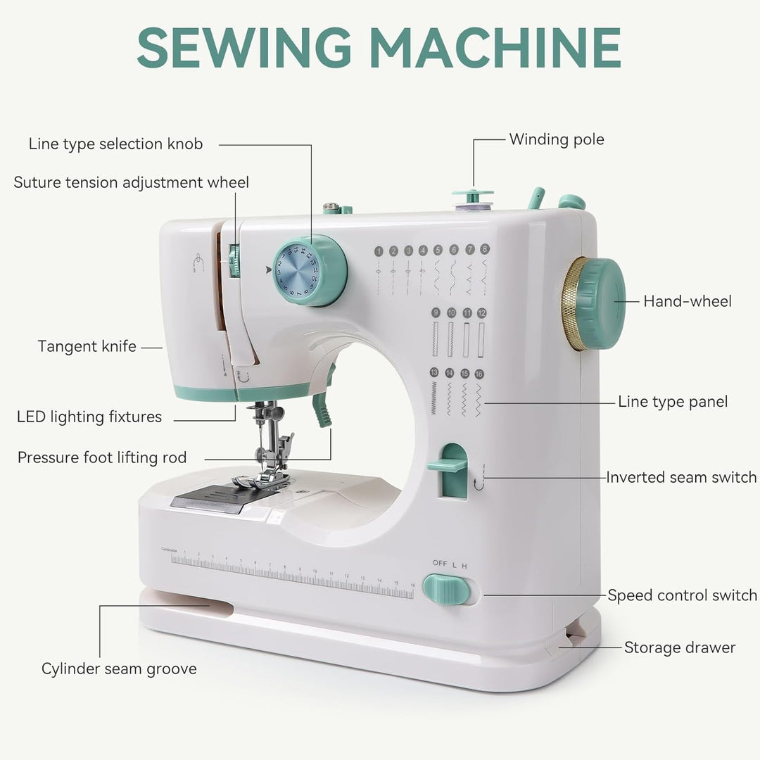 Nähmaschine für Anfänger und Kinder, Qoosea 16 Stichmuster Overlock Nähmaschine Einfach zu Bedienen,