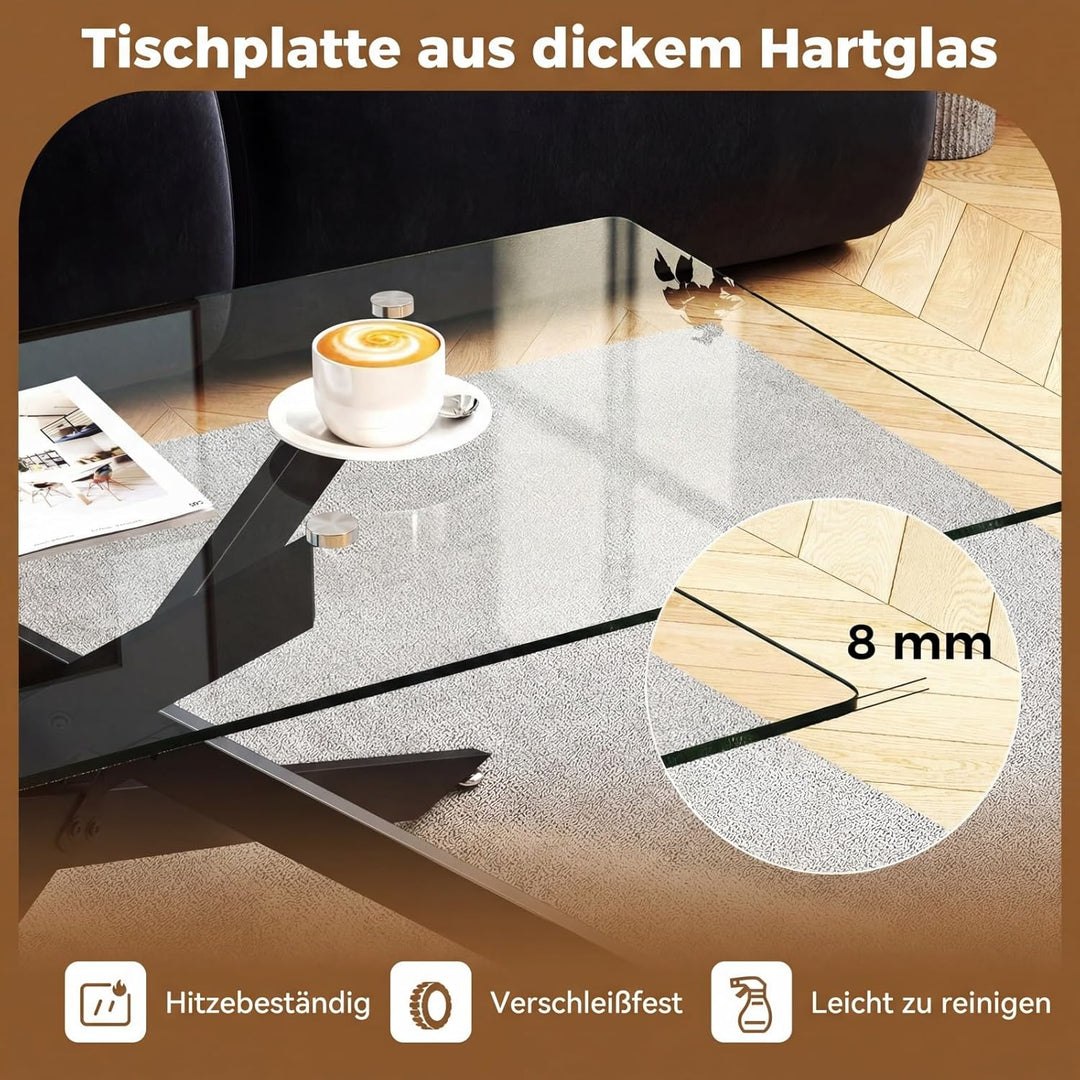 COSTWAY Couchtisch aus gehärtetem Glas, rechteckiger Glastisch mit Metall-Rohrrahmen, Wohnzimmertisc