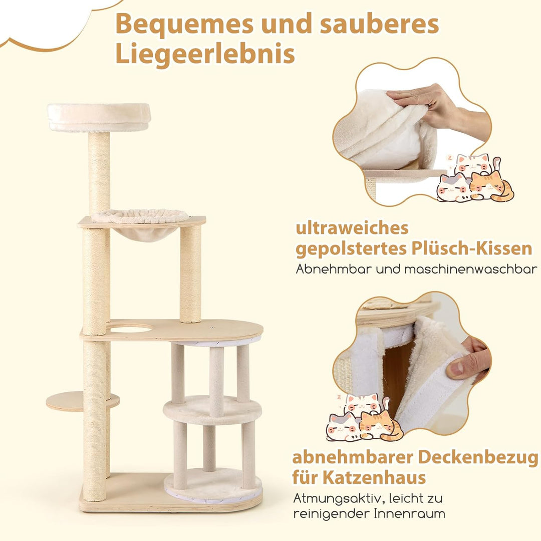 COSTWAY 151cm Kratzbaum Holz, Katzenbaum Gross, Katzenkratzbaum mit 2-stöckigem Katzenhöhle &amp; Hängem