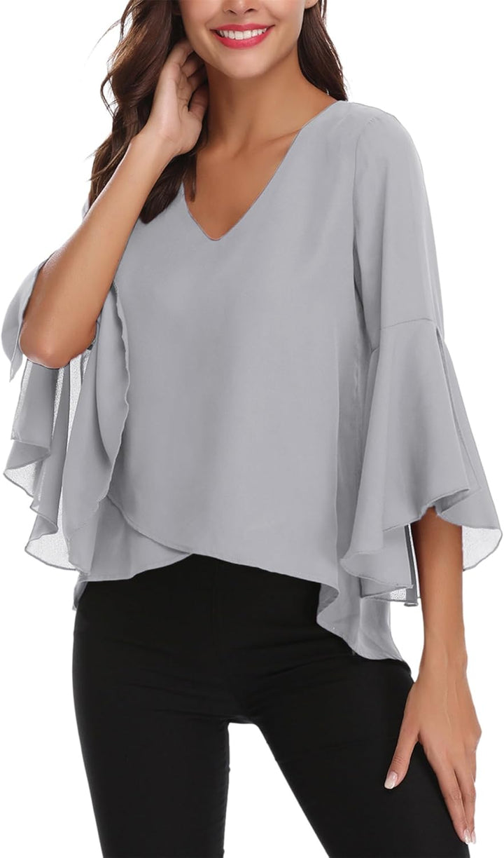 Gyabnw Damen Chiffon Bluse Volantärmeln Tunika 3/4 Arm Elegant Chiffontunika Festlich Chiffon Bluse