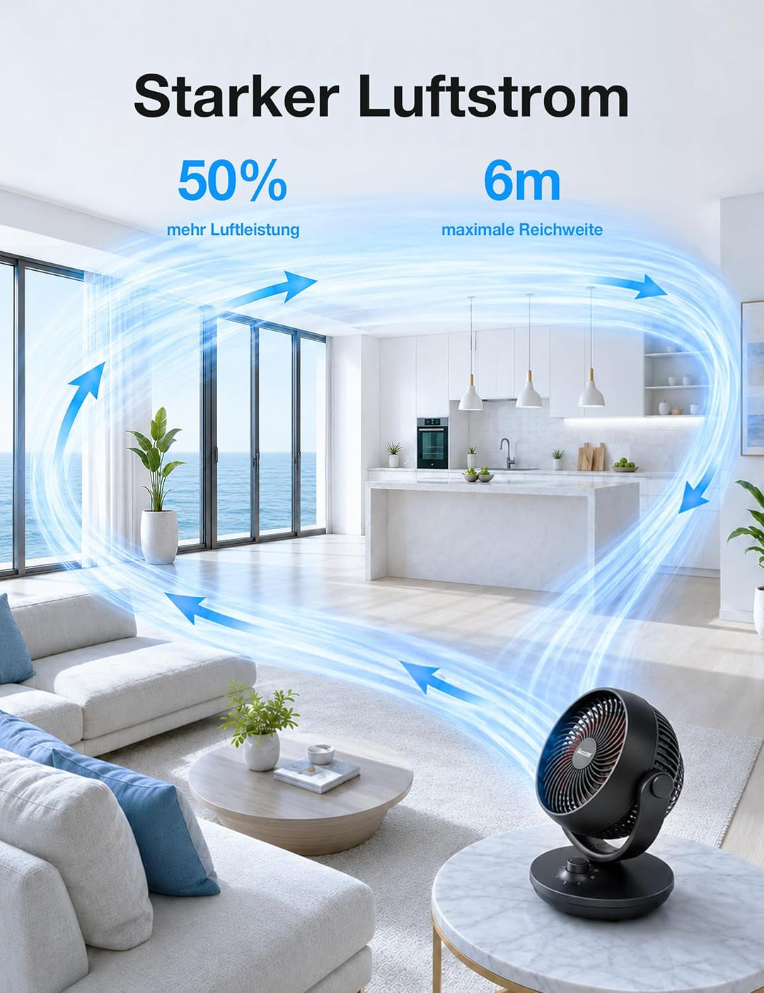 Acoolir Ventilator Leise, 24dB Ultra Powerful Tischventilator, 100° & 70° Oszillation, 3 Geschwindig