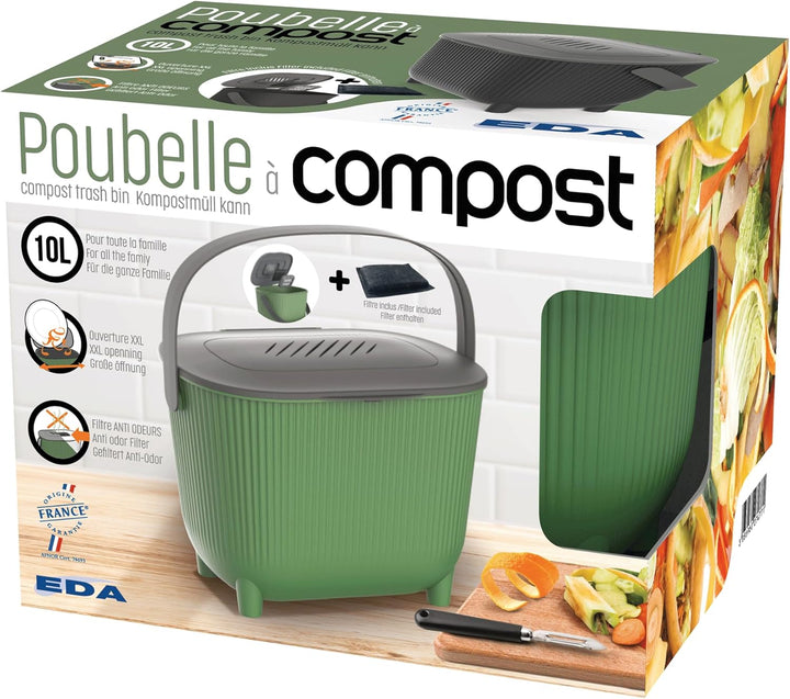 EDA - Komposteimer 10 l mit Kohlefilter – XXL-Öffnung – Geruchsfilter – modernes Design – Schwarz