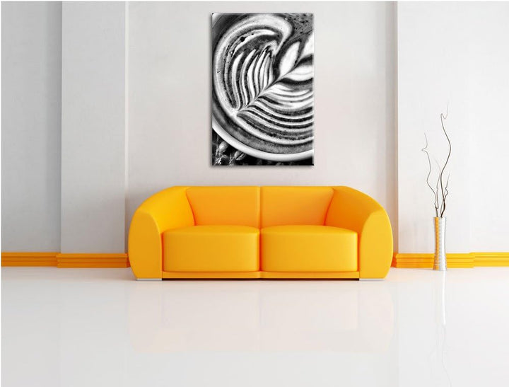 Pixxprint Monocrome, Edle Tasse Kaffee mit Schaumblatt, Format: 100x70 auf Leinwand, 100x70