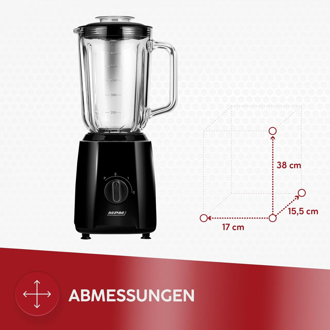 MPM Standmixer MBL-37 - Mixer Küche mit Glasbehälter 1,5L - Starker Mixer mit Edelstahlmessern 750W