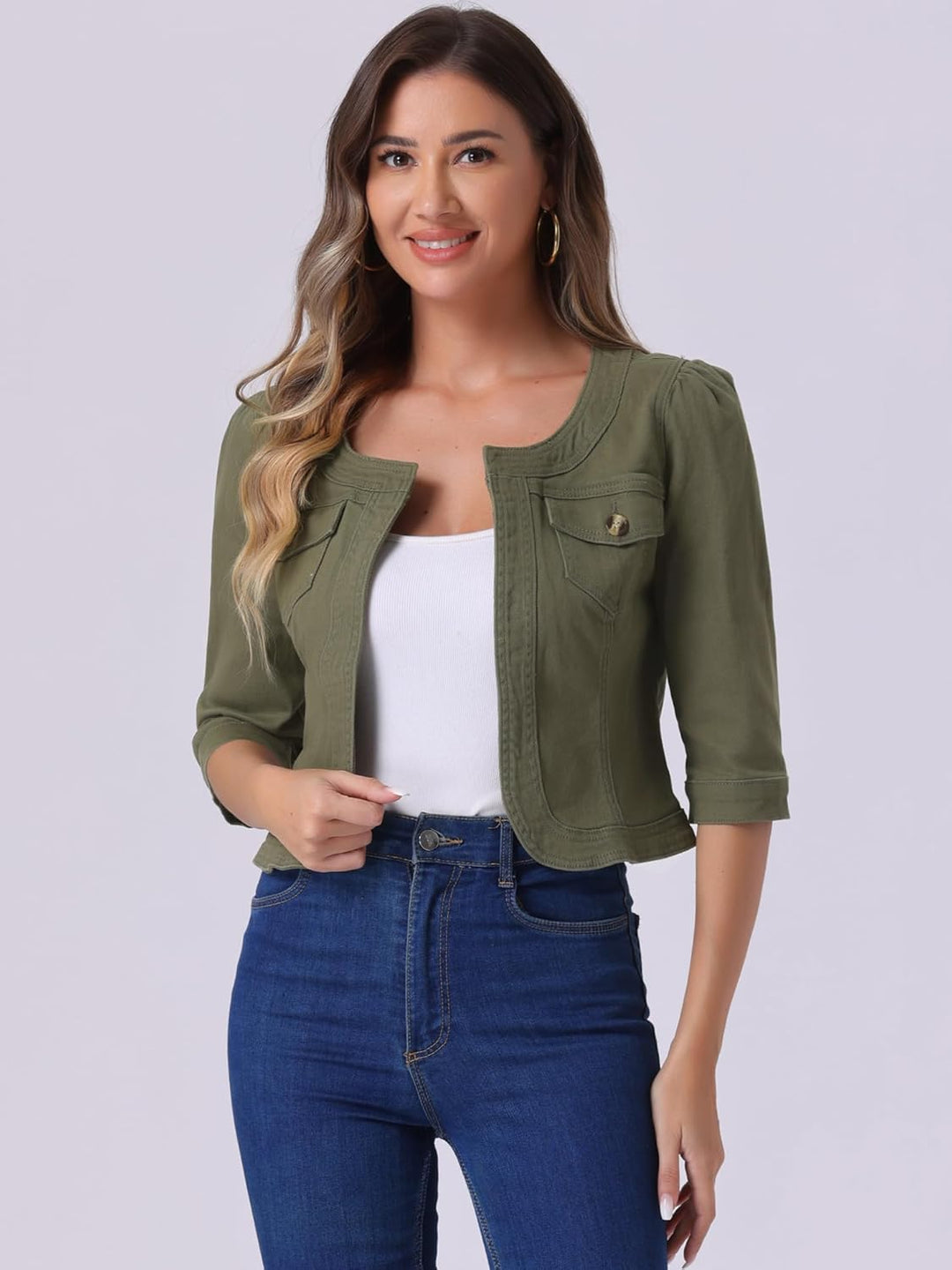 Allegra K Damen Jeansjacke 3/4 Ärmel Open Front Kragenlos Jacke mit Taschen L Armeegrün, L Armeegrün