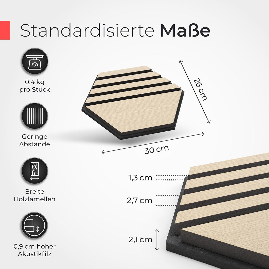 Akustikpaneele Holz selbstklebend – 3er-Set | Echtholz Eiche & Akustikfilz Schwarz | Hexagon 30x26cm