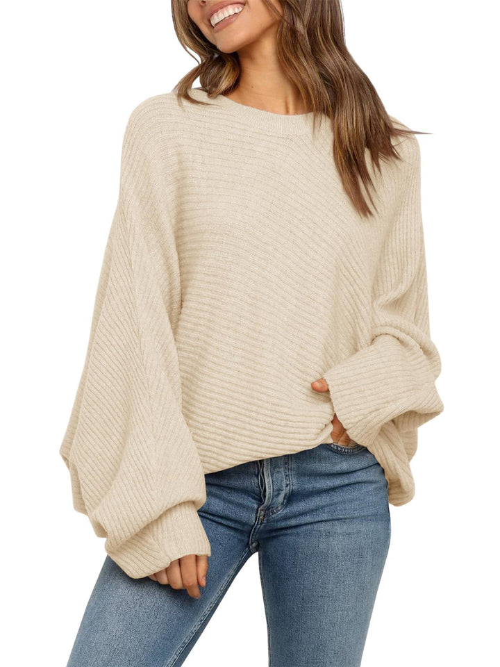 Fessceruna Damen Pullover Oversize Fledermausärmel Strickpullover Winter Rundhals Pulli Geripptes Sw