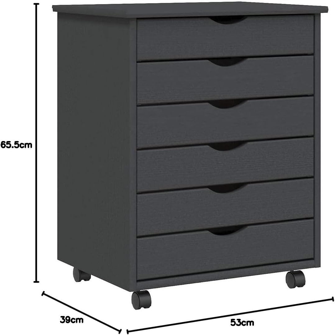 Rollschrank mit Schubladen Moss Grau Massivholz Kiefer Rollcontainer mit 6 Schubladen, Mobiler Akten