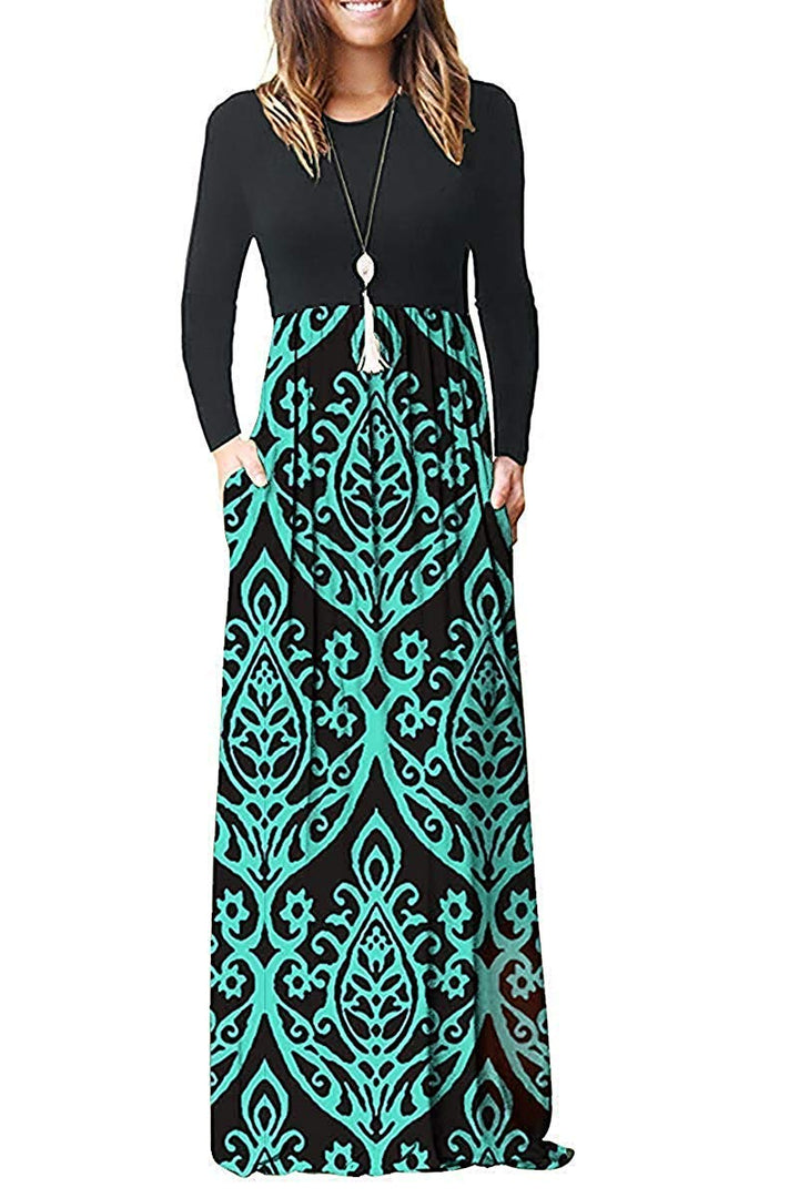 AUSELILY Damen Langarm Maxikleider Lässige Langkleider mit Taschen Winter S Schwarz Grün, S Schwarz