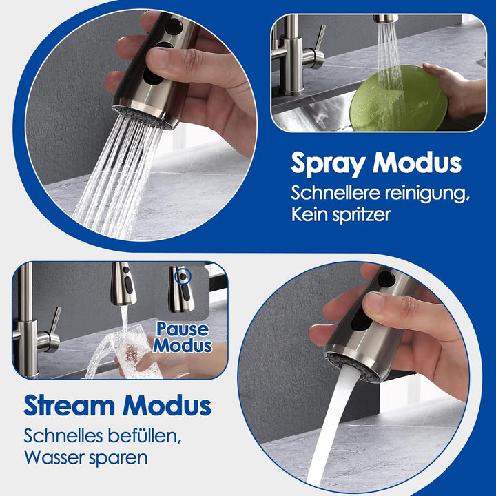 ROVOGO 3 Wege Wasserhahn Küche mit Filter, Hochdruck Küchenarmatur mit Brause Ausziehbar, Doppelhebe