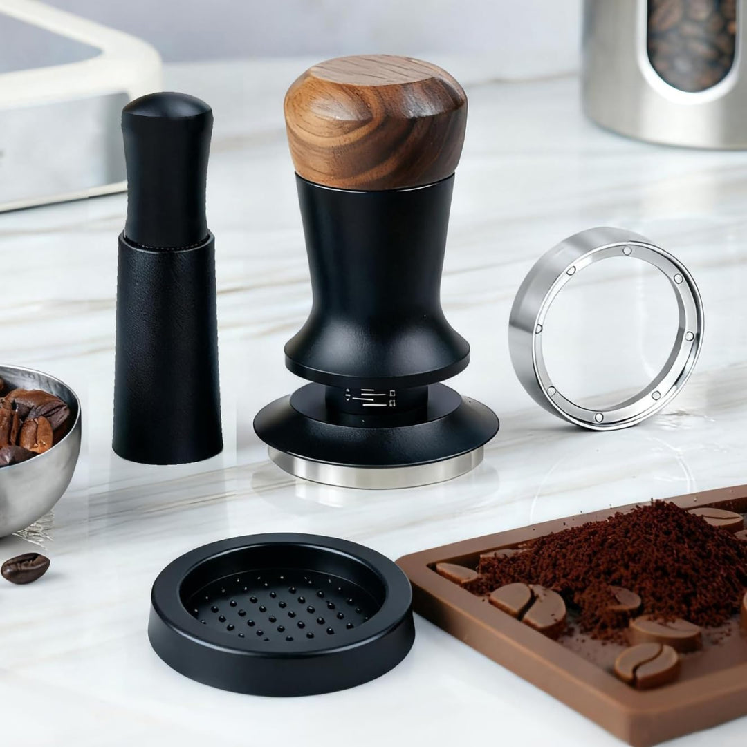 Kaffee Tamper Set 58mm, 30lbs Druckregulierend Espresso Tamper mit WDT Tool & Magnetisch Dosierring,