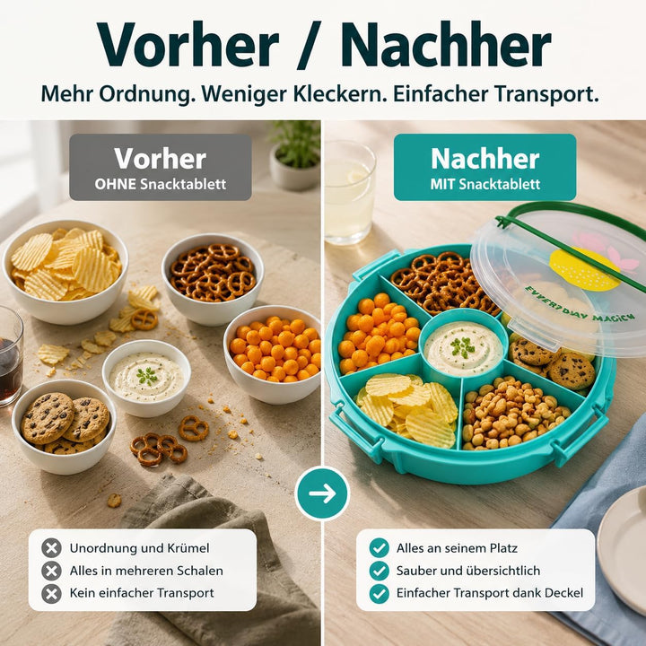 Rice Serviertablett rund Ø 32 cm mit Deckel &amp; Tragegriff – Snack- &amp; Partyplatte mit Fächern, BPA-fre