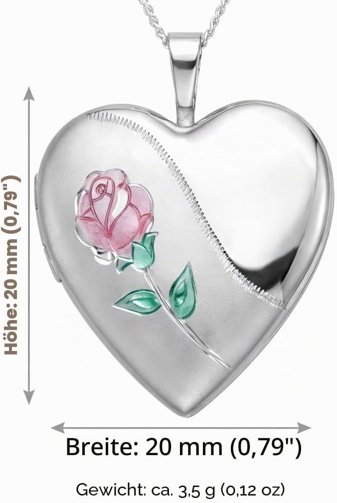 Silbernes Rosen-Herzmedaillon und 45cm Kette