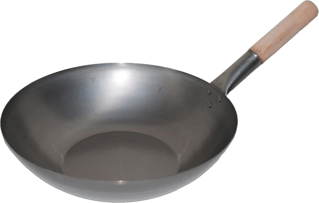 Wok Pfanne ca. Ø 34 cm flacher Boden für Gas, Induktion, Ceran und Elektro, mit Holzgriff