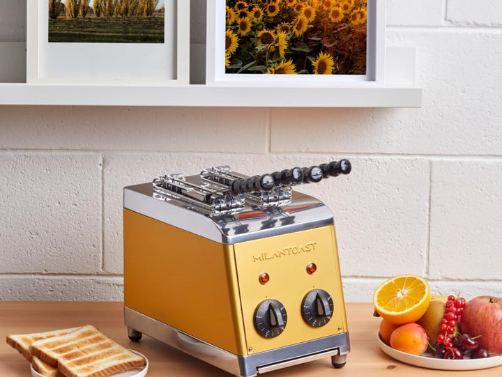 Milantoast 2-er Toaster mit Zangen und Brötchenaufsatz (Gold), Gold