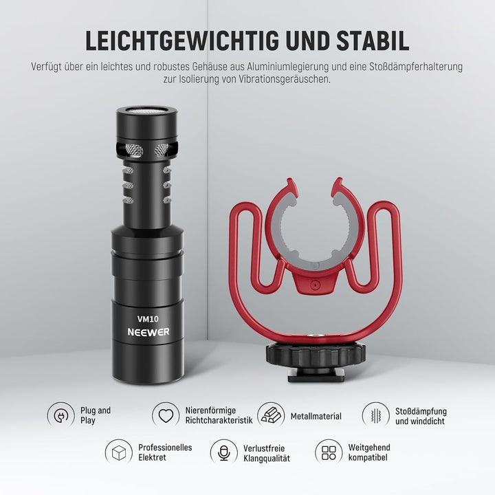NEEWER VM10 Mini Plug & Play Vlog Mikrofon mit Reinigungstuch, 3,5mm TRS, USB C, OTG, Stossdämpferha