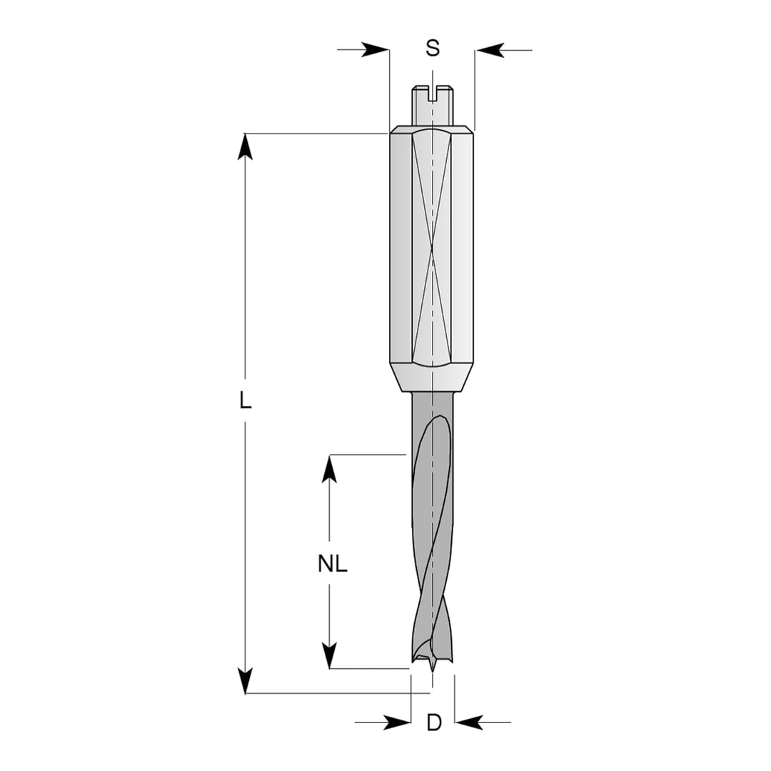 ENT 22741 Dübelbohrer VHW, Schaft (S) 10 mm, Durchmesser (D) 5 mm, NL 30 mm, SL 30 mm, L 70 mm, Rech