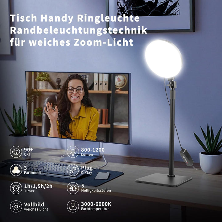 Aogled LED Ringlicht mit Handystativ, Videoleuchte mit 3 Farbmodi & 5 Helligkeitsstufen, USB-betrieb