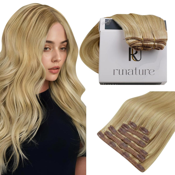 RUNATURE Clip in Extensions Echthaar Blond Highlights 25cm Remy Echte Haare 7 Stück Goldblond Highli